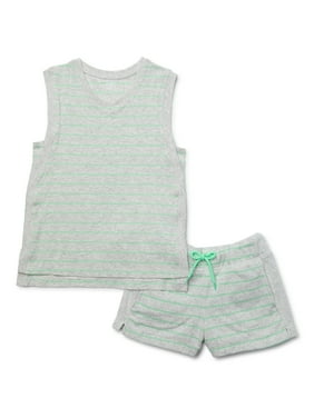 Active Sports Girls 2 Set Singlets Seemfree Stretchy Navy White Striped /& White